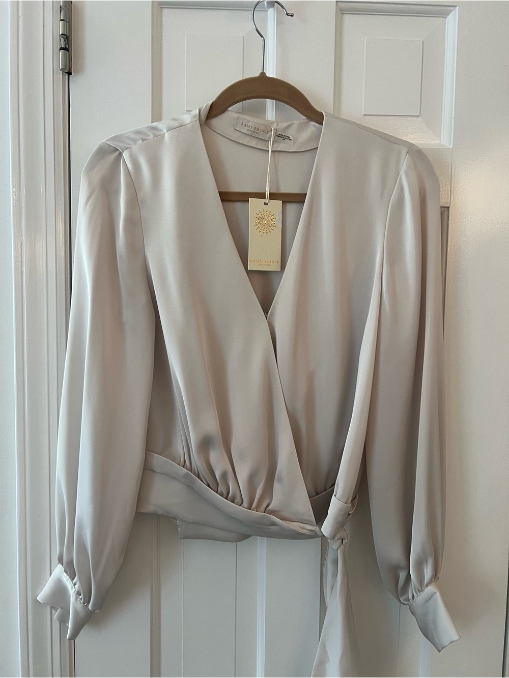 Ramy Brook Cream Wrap Blouse - V-Neck Tie-Waist Long Sleeve Top